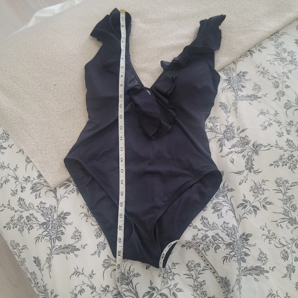 MICHAEL KORS Black Ruffle Low Back One Piece Swimsuit Size 10 Resortwear